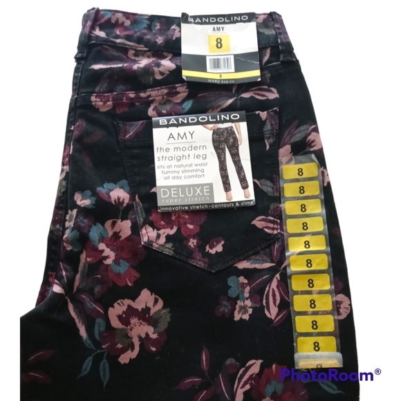 Bandolino Amy Black Floral Print Modern Straight Leg Stretch Jeans. Size 8 - Picture 9 of 15